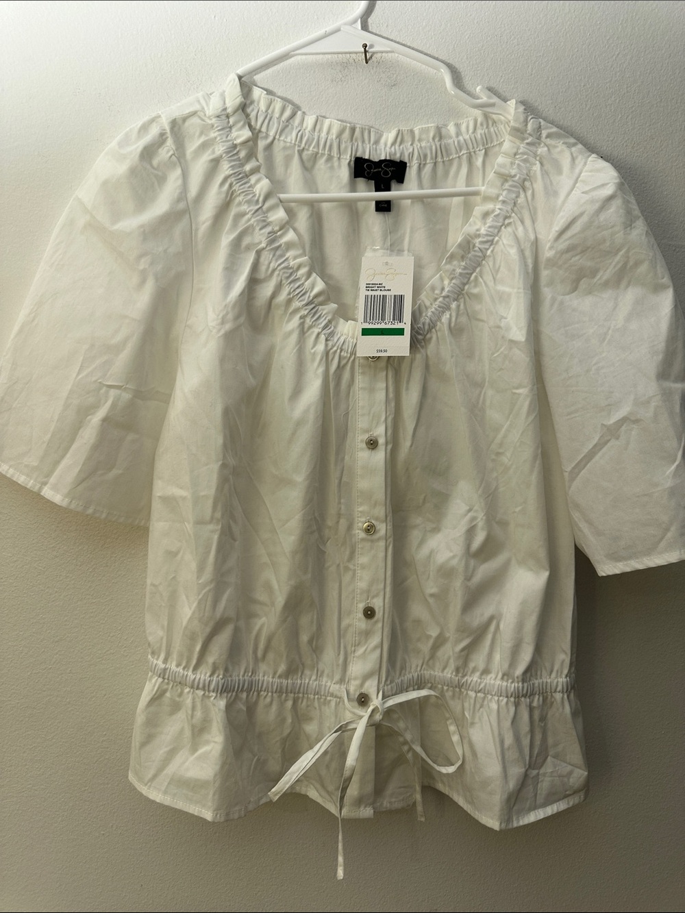 Jessica Simpson White Ruffle V-Neck Button-Front Drawstring Top - Picture 4 of 5